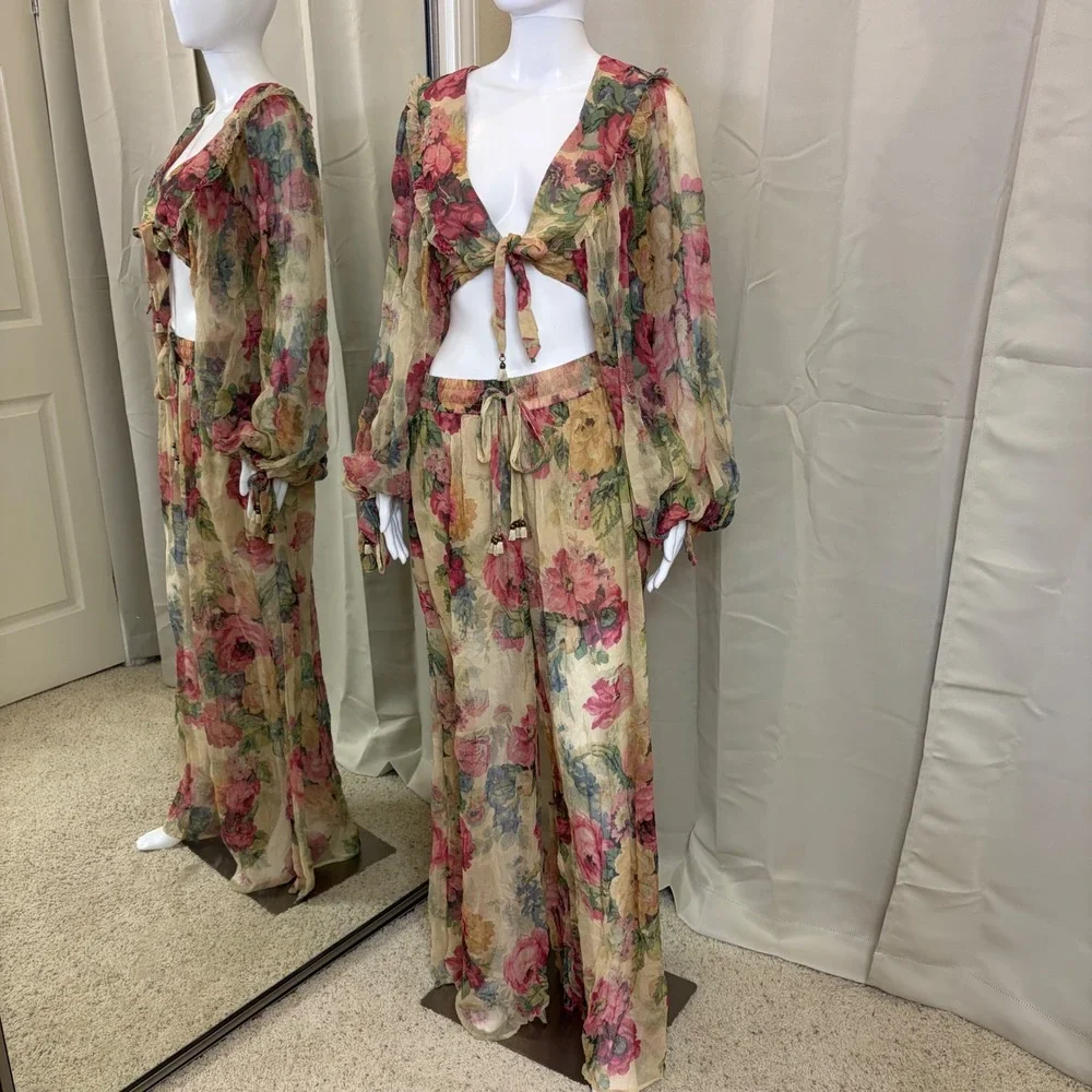 Zimmermann Melody Silk Two Piece Set Crop Tie Top Wide Leg Pants Size 2 Boho